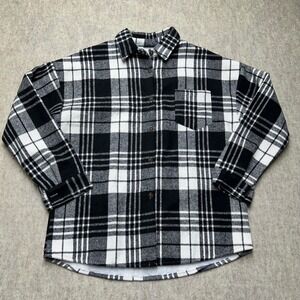 Black and White Plaid Flannel Shirt Jacket with Sherpa Lining Warm Oversized Med